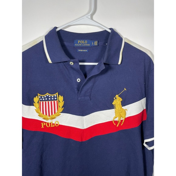 Polo Ralph Lauren Big Pony Mens Large Polo Shirt Slim Fit Blue Red White Gold - Picture 1 of 8
